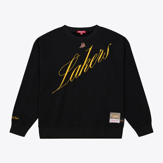 Los Angeles Lakers Women's Hardwood Classics Script Lightweight Sweatshirt - Black | Mitchell & Ness for sale