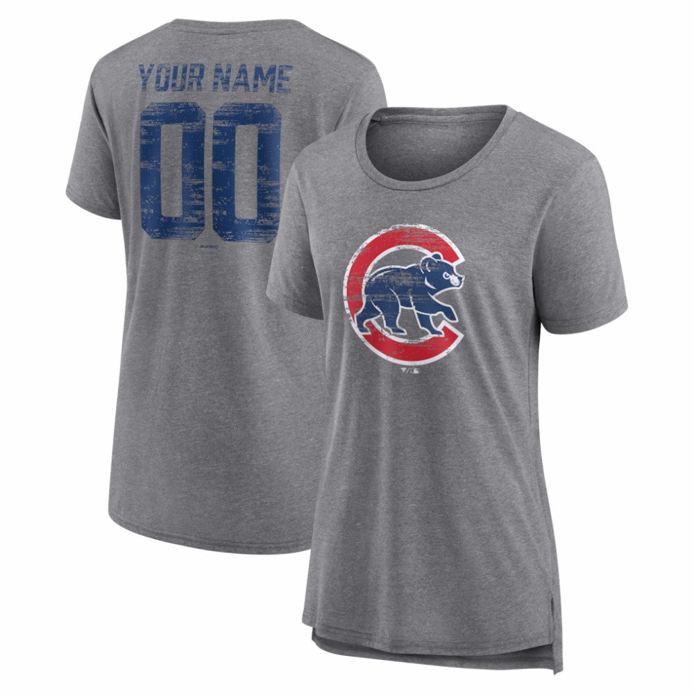 Chicago Cubs Women's Heritage Personalized Any Name & Number Tri-Blend T-Shirt - Gray