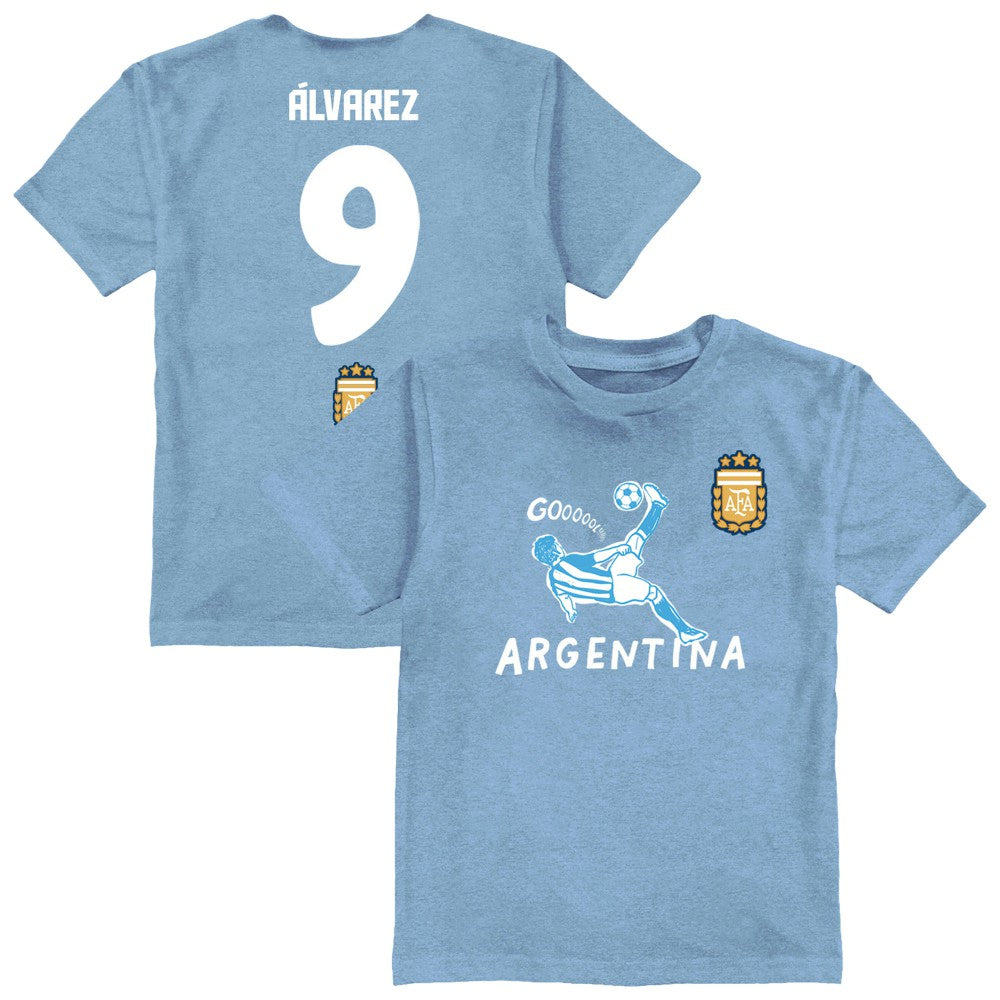 Julián Álvarez Argentina National Team Vive La Fete Youth Player Name & Number Chilena Style T-Shirt - Light Blue for sale