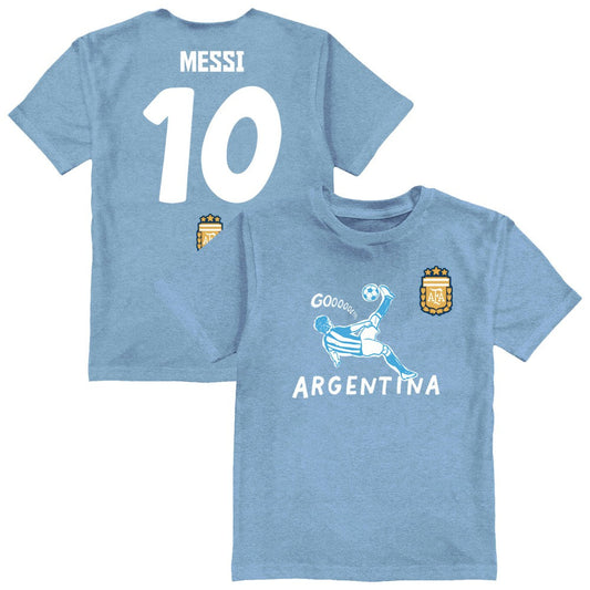Lionel Messi Argentina National Team Vive La Fete Youth Player Name & Number Chilena Style T-Shirt - Light Blue for sale