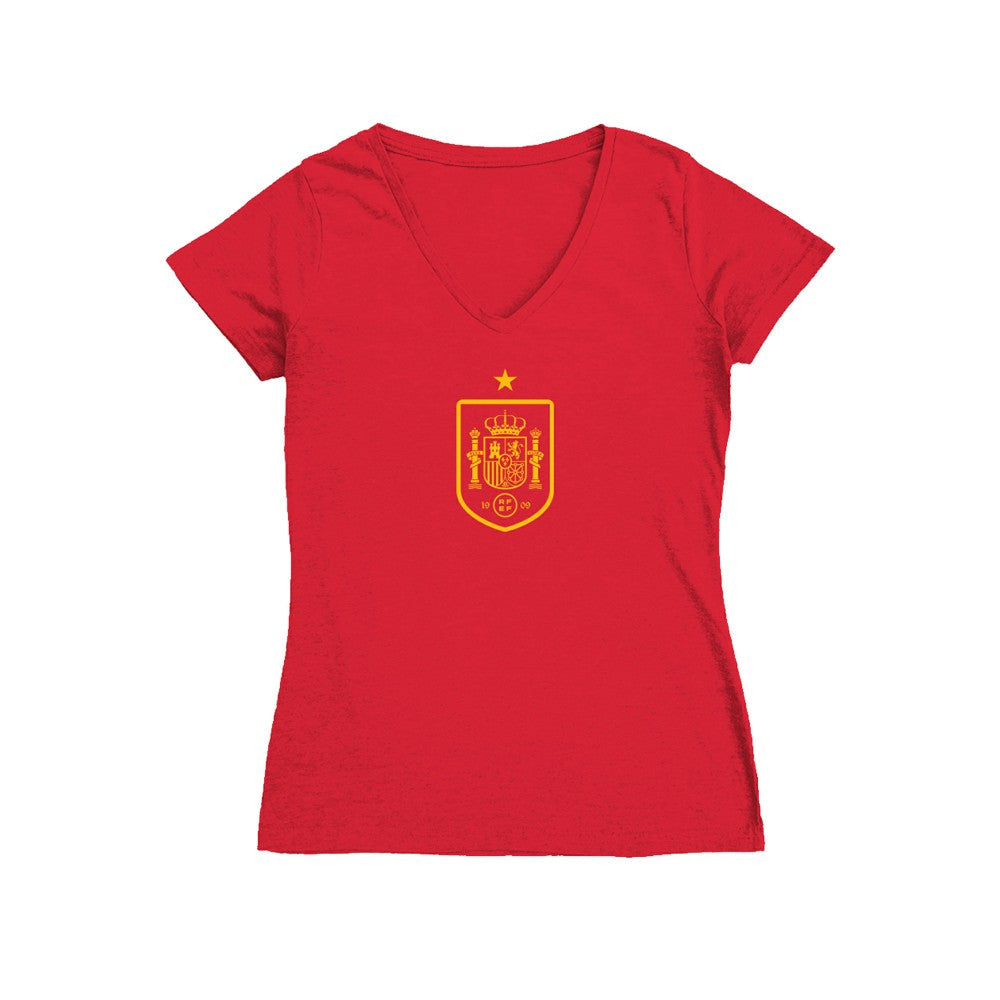 Spain National Team Vive La Fete Women's Color Badge V-Neck Fitted T-Shirt - Red online