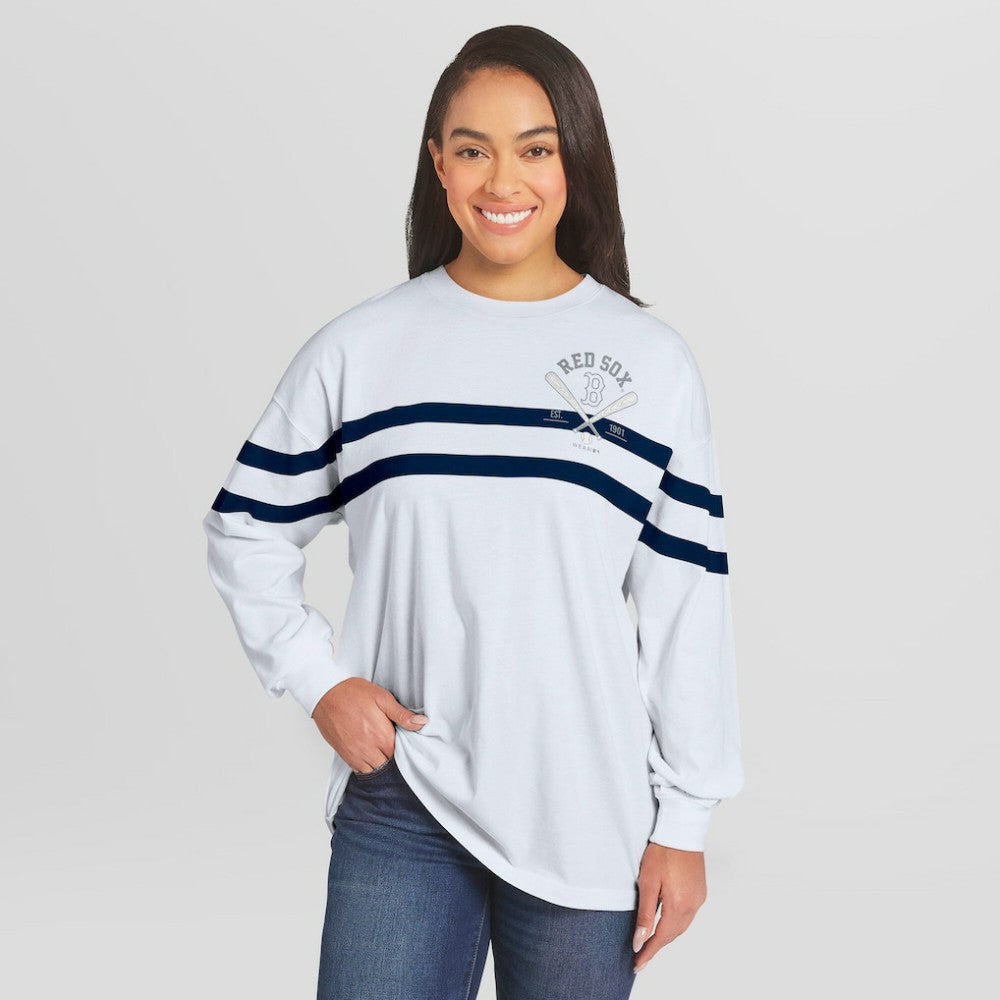 Boston Red Sox WEAR by Erin Andrews Women's Oversized Long Sleeve Striped T-Shirt - White