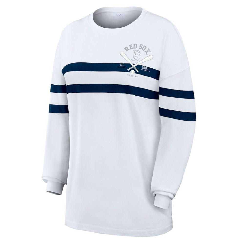 Boston Red Sox WEAR by Erin Andrews Women's Oversized Long Sleeve Striped T-Shirt - White