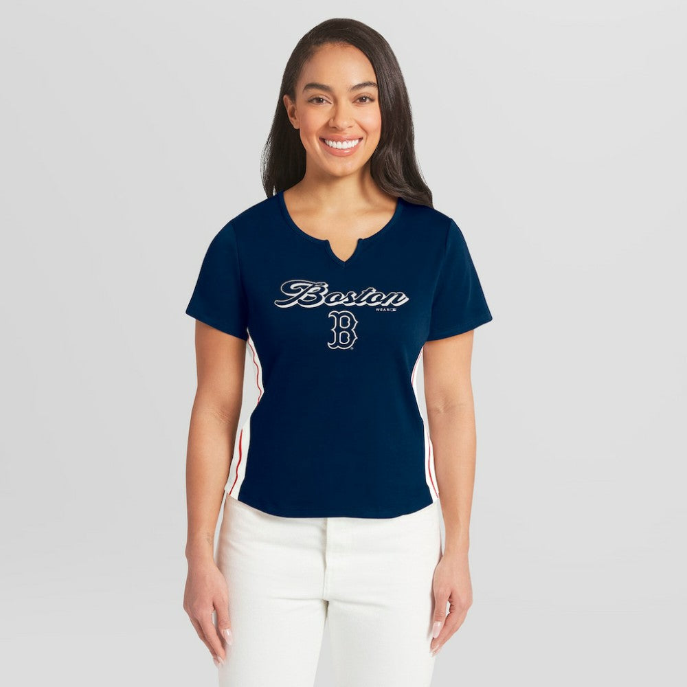 Boston Red Sox WEAR by Erin Andrews Women's Notch Neck Cropped T-Shirt - Navy