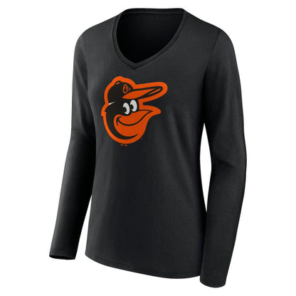 Baltimore Orioles Women's Team Color Primary Logo V-Neck Long Sleeve T-Shirt - Black