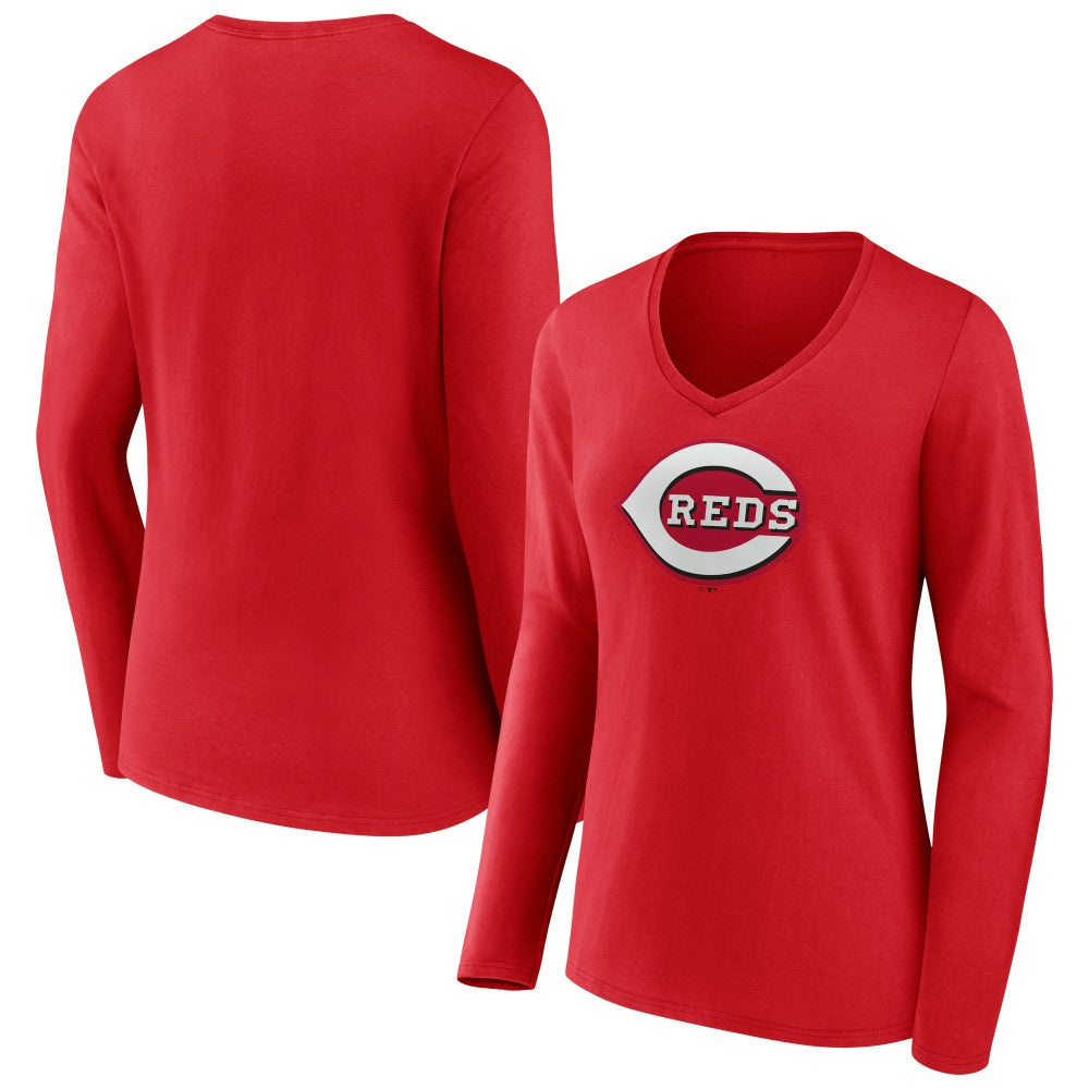 Cincinnati Reds Women's Team Color Primary Logo V-Neck Long Sleeve T-Shirt - Red