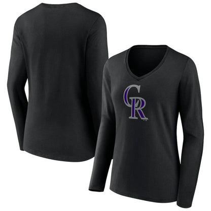 Colorado Rockies Women's Team Color Primary Logo V-Neck Long Sleeve T-Shirt - Black