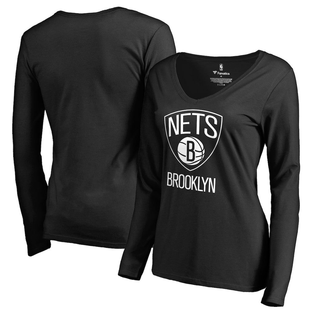 Brooklyn Nets Women's Primary Logo V-Neck Long Sleeve T-Shirt - Black outlet