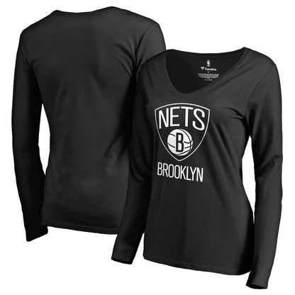 Brooklyn Nets Women's Primary Logo V-Neck Long Sleeve T-Shirt - Black outlet