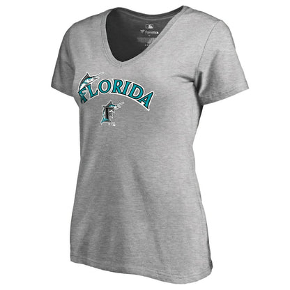 Miami Marlins Women's Core Wahconah V-Neck T-Shirt - Heather Gray