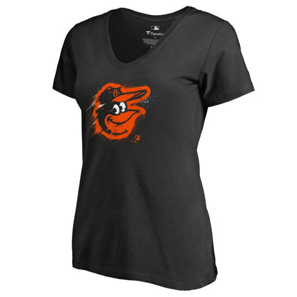 Baltimore Orioles Women's Splatter Logo V-Neck T-Shirt - Black