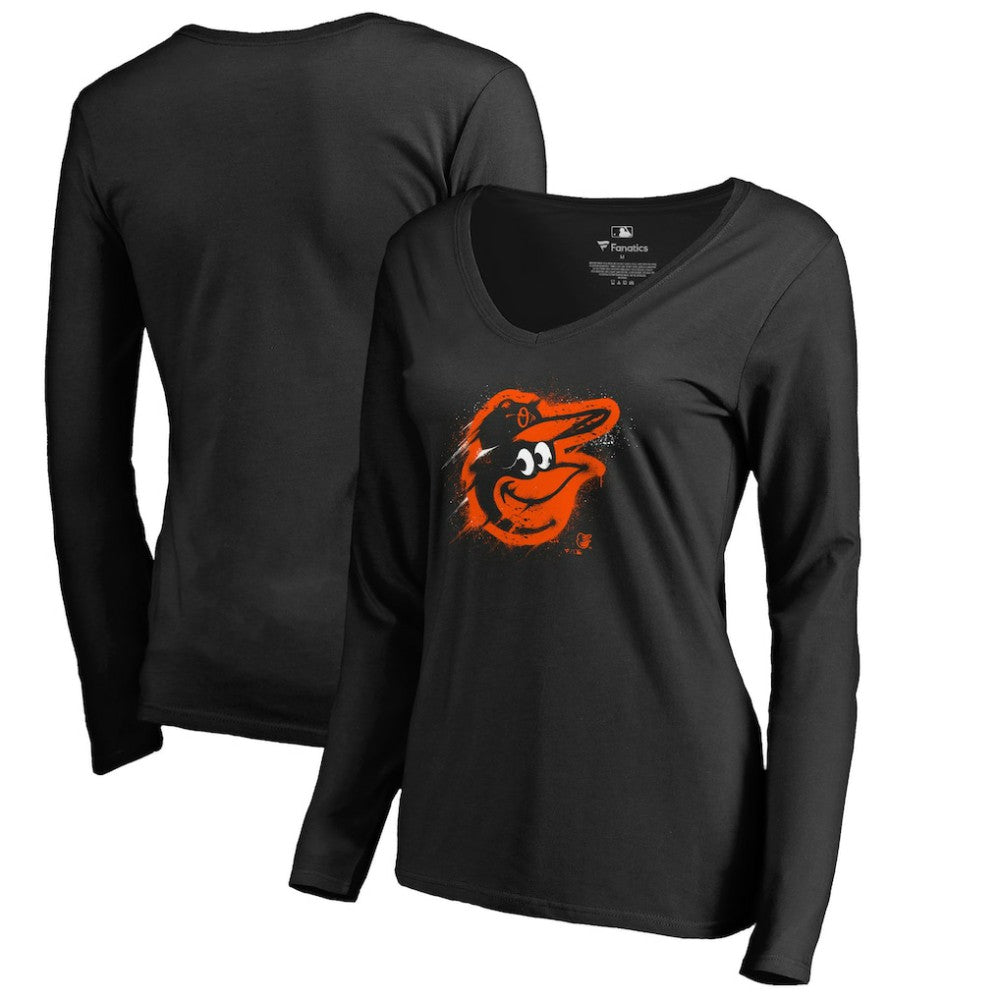 Baltimore Orioles Women's Splatter Logo Long Sleeve V-Neck T-Shirt - Black