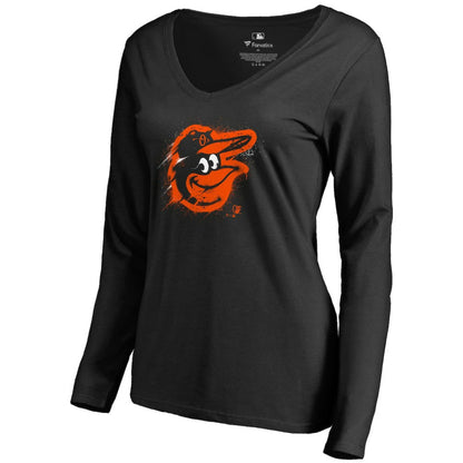 Baltimore Orioles Women's Splatter Logo Long Sleeve V-Neck T-Shirt - Black