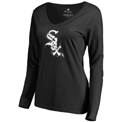 Chicago White Sox Women's Splatter Logo Long Sleeve V-Neck T-Shirt - Black