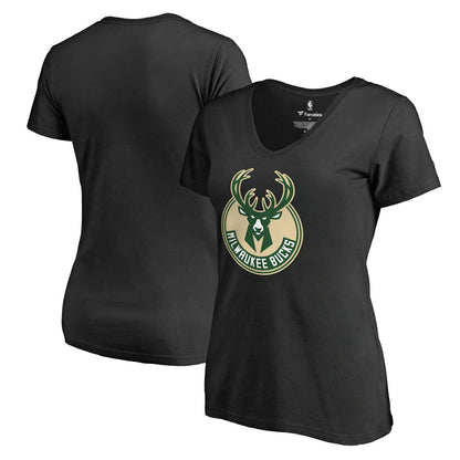 Milwaukee Bucks Women's Primary Logo V-Neck T-Shirt - Black discount