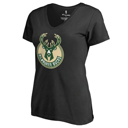 Milwaukee Bucks Women's Primary Logo V-Neck T-Shirt - Black discount
