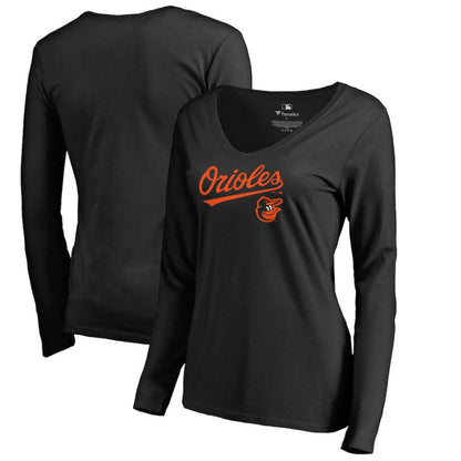 Baltimore Orioles Women's Team Lockup Slim Fit Long Sleeve V-Neck T-Shirt - Black