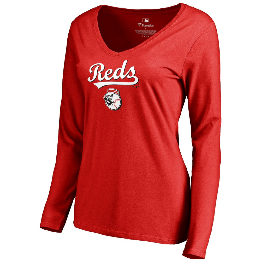 Cincinnati Reds Women's Team Lockup Slim Fit Long Sleeve V-Neck T-Shirt - Red