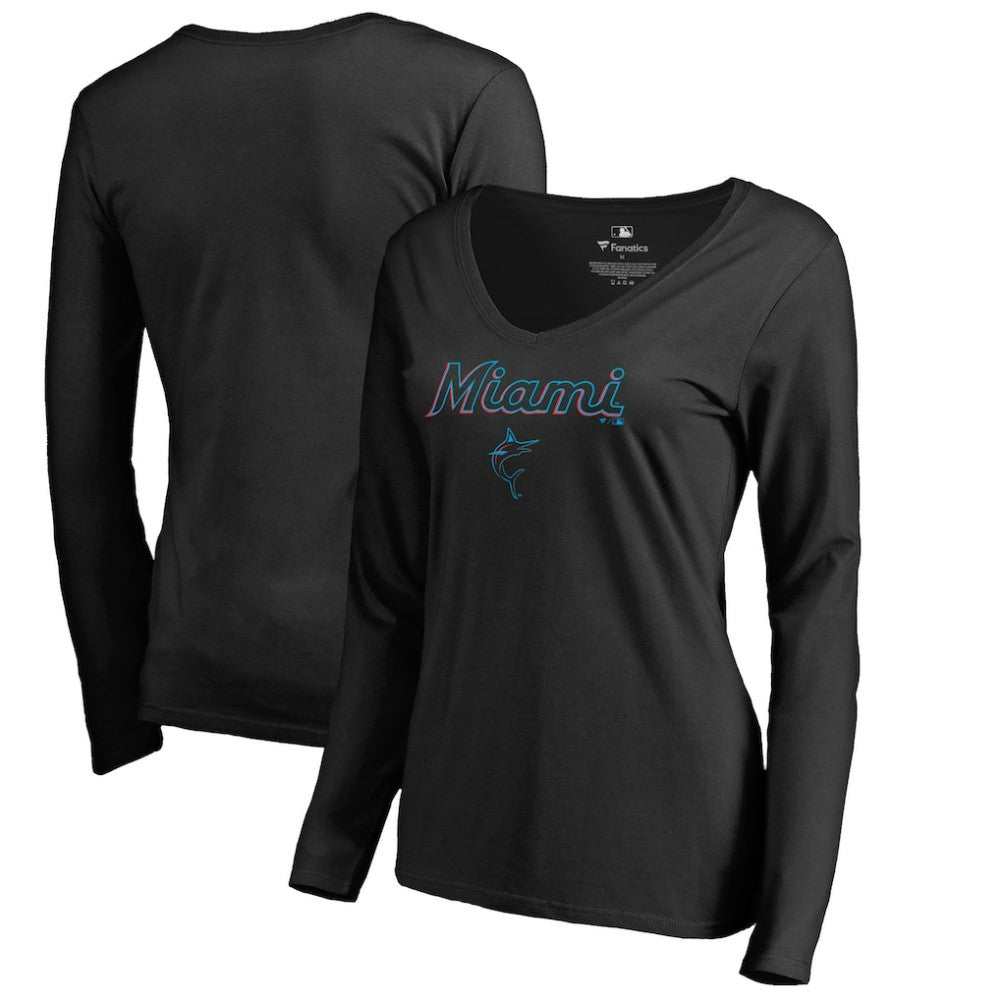 Miami Marlins Women's Team Lockup Slim Fit Long Sleeve V-Neck T-Shirt - Black
