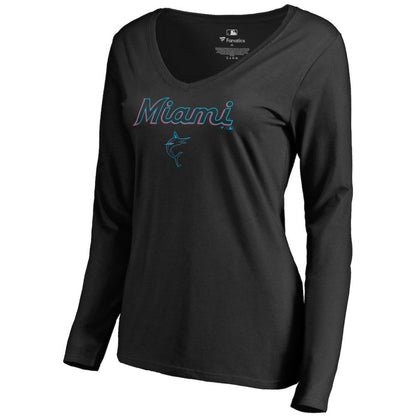 Miami Marlins Women's Team Lockup Slim Fit Long Sleeve V-Neck T-Shirt - Black
