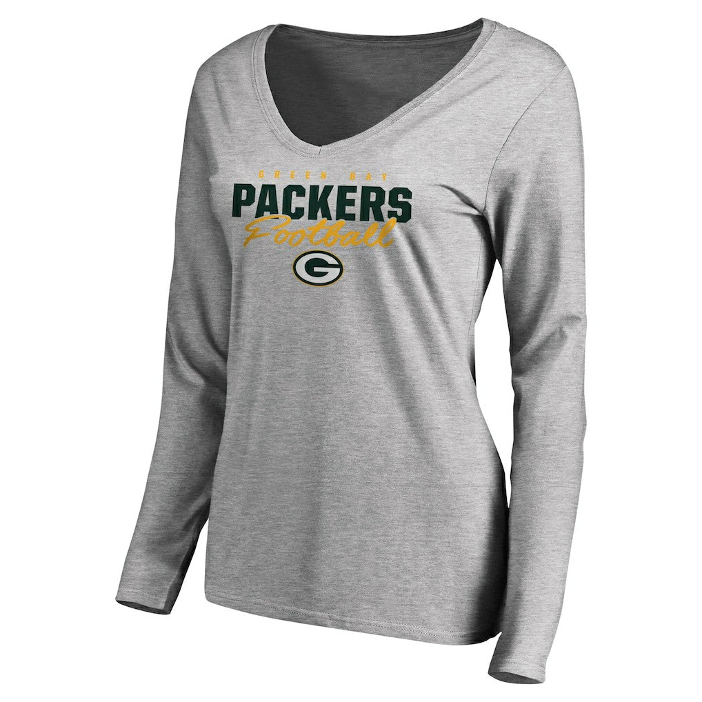 Green Bay Packers Women's Iconic Collection Script Assist Long Sleeve V-Neck T-Shirt - Ash outlet