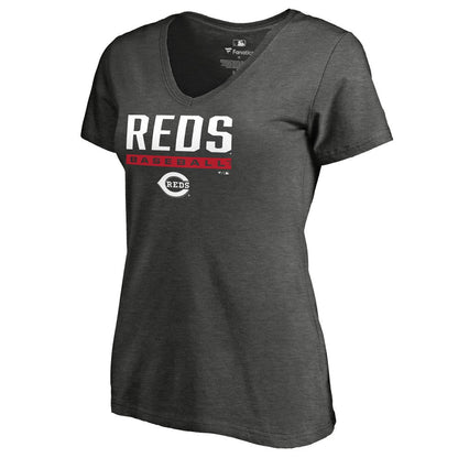 Cincinnati Reds Women's Win Stripe V-Neck T-Shirt - Ash