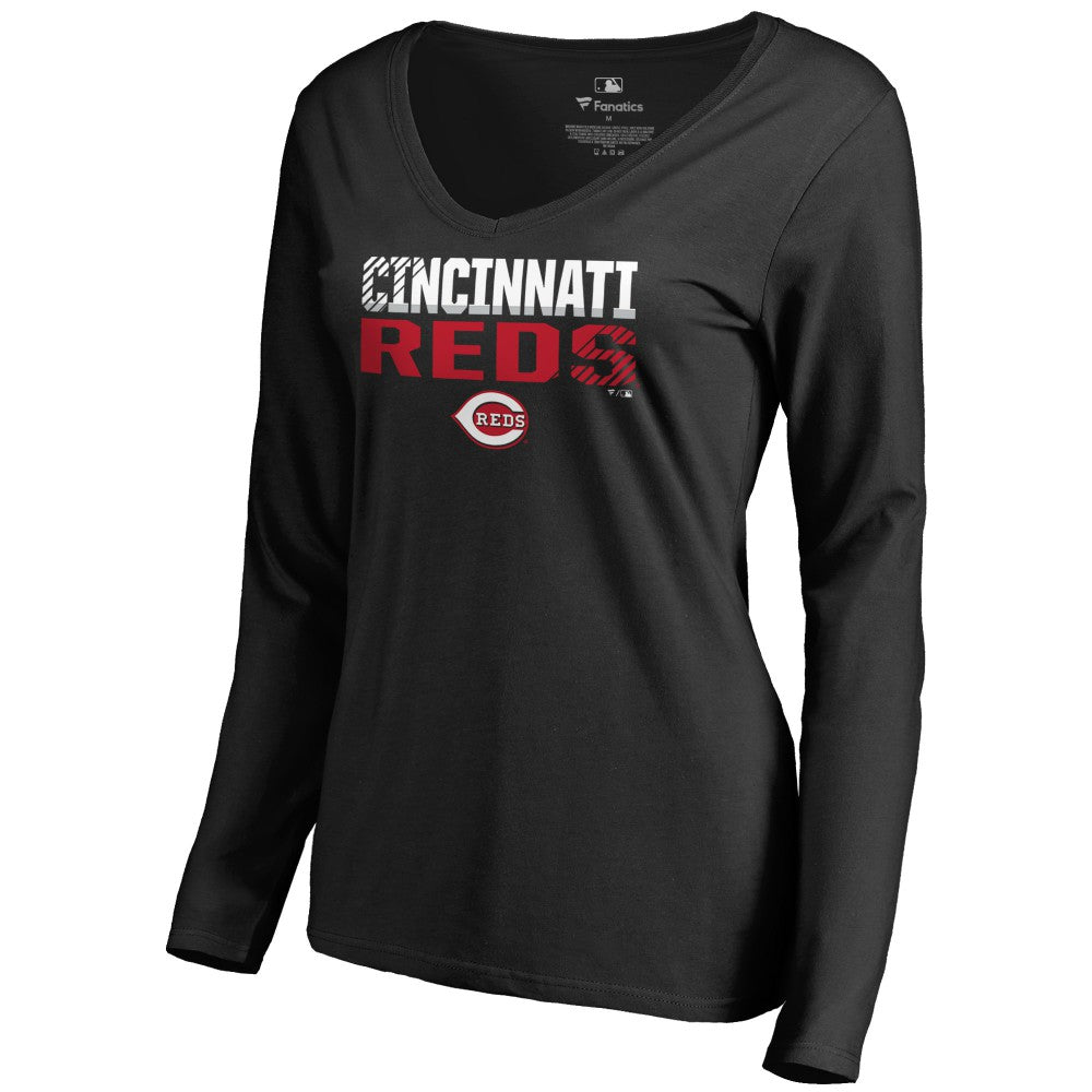 Cincinnati Reds Women's Fade Out V-Neck Long Sleeve T-Shirt - Black