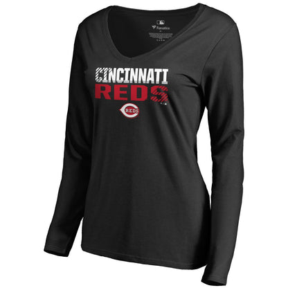 Cincinnati Reds Women's Fade Out V-Neck Long Sleeve T-Shirt - Black