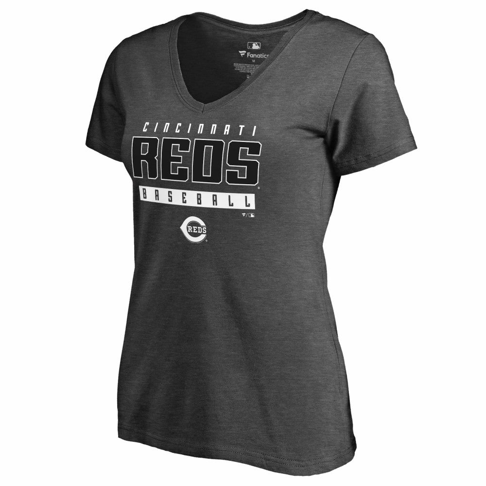 Cincinnati Reds Women's Charcoal Stack V-Neck T-Shirt - Ash