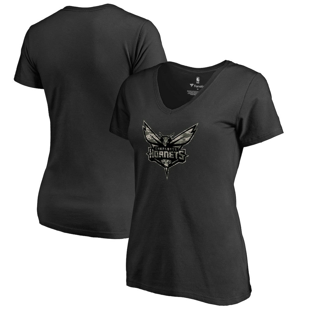 Charlotte Hornets Women's Cloak Camo V-Neck T-Shirt - Black shop