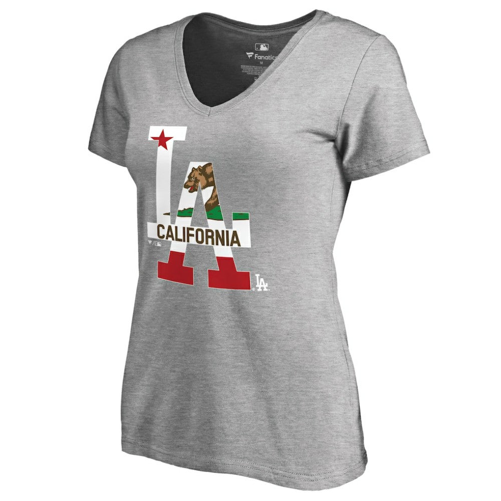 Los Angeles Dodgers Women's Hometown Collection Cali Flag T-Shirt - Heathered Gray