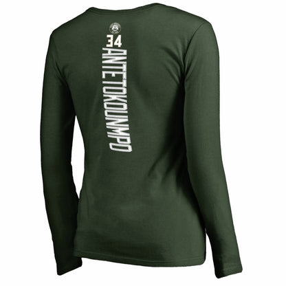Giannis Antetokounmpo Milwaukee Bucks Women's Team Backer Name & Number Long Sleeve V-Neck T-Shirt - Hunter Green on sale