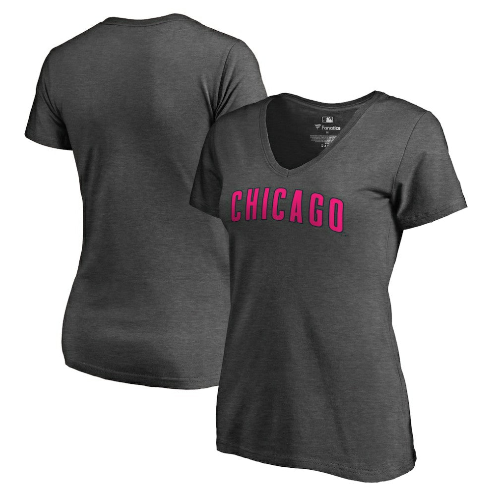 Chicago Cubs Women's Pink Wordmark V-Neck T-Shirt - Heathered Gray