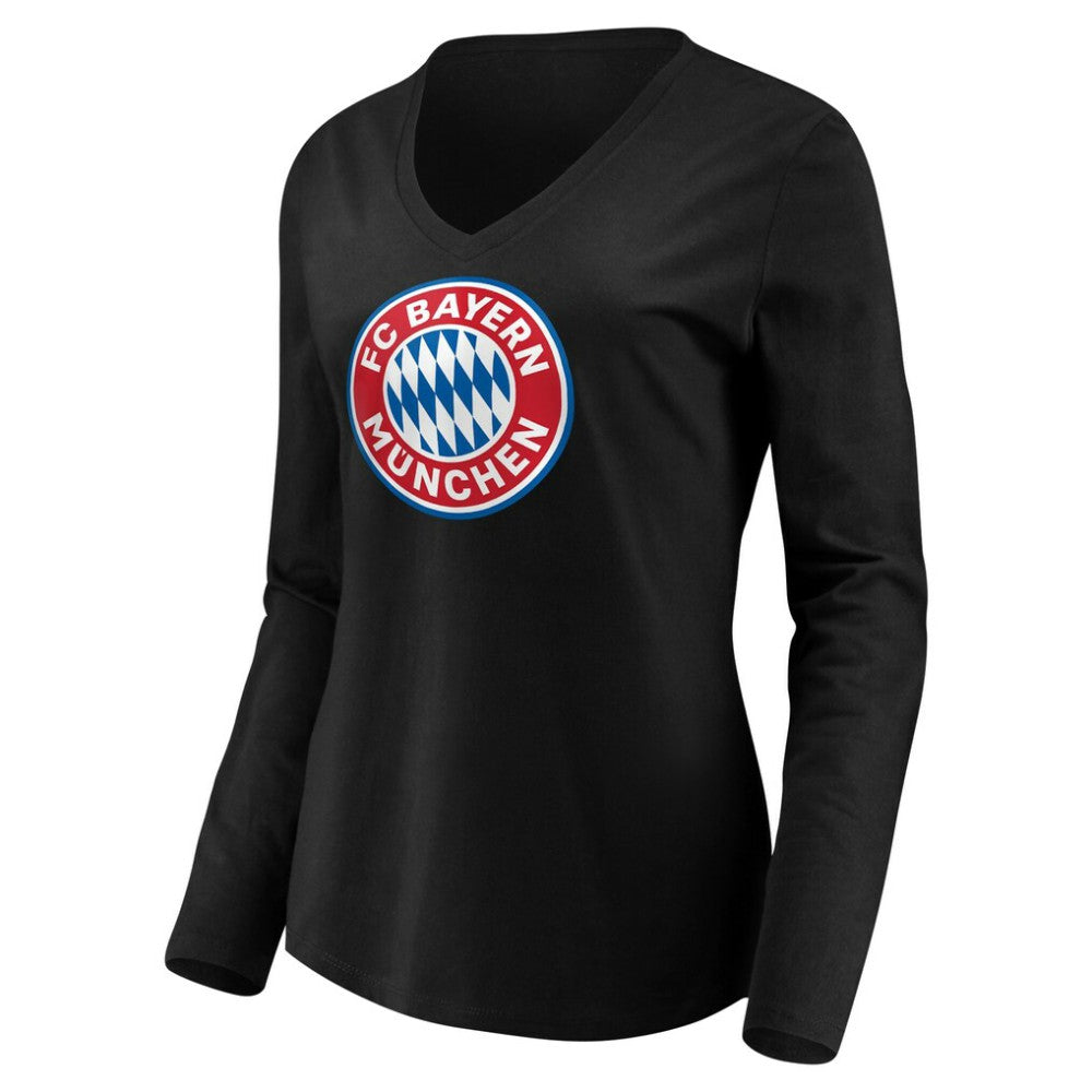 Bayern Munich Women's Logo Long Sleeve V-Neck T-Shirt - Black discount