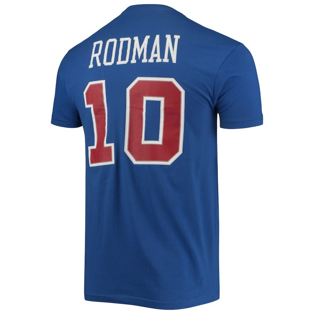 Dennis Rodman Detroit Pistons Hardwood Classics Stitch Name & Number T-Shirt sale - Blue | Mitchell & Ness online