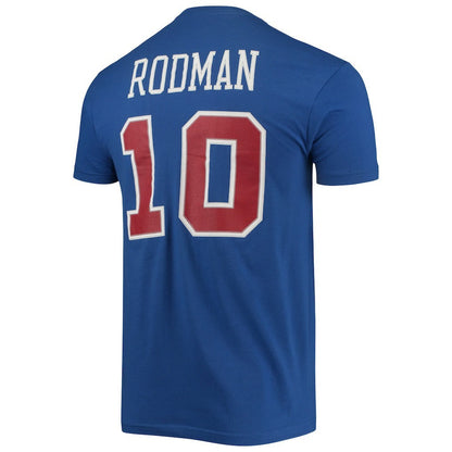 Dennis Rodman Detroit Pistons Hardwood Classics Stitch Name & Number T-Shirt sale - Blue | Mitchell & Ness online