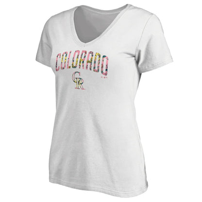 Colorado Rockies Women's Floral Arched Logo V-Neck T-Shirt - White