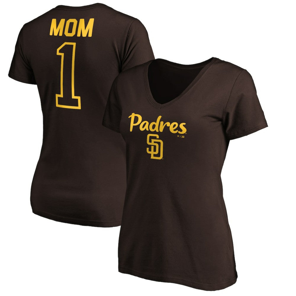 San Diego Padres Women's #1 Mom Logo V-Neck T-Shirt - Brown