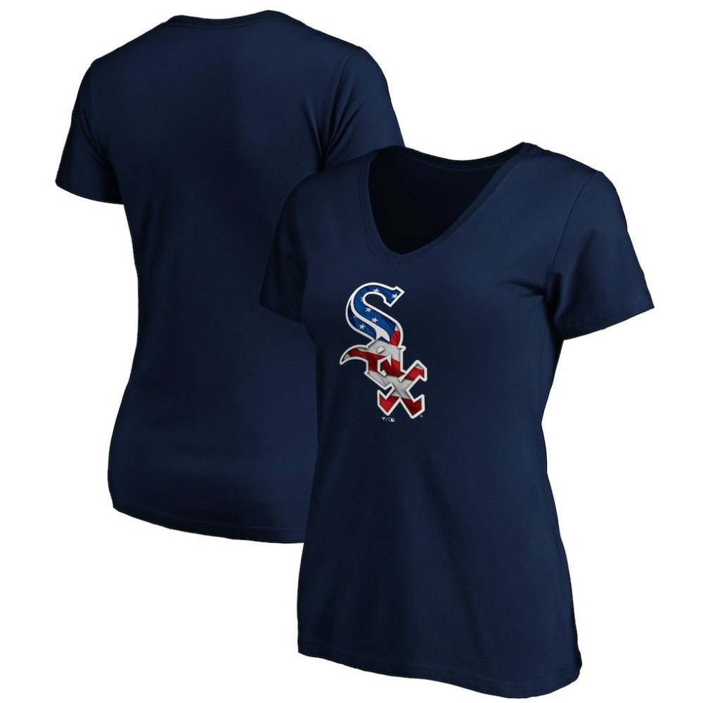 Chicago White Sox Logo Women's Banner Wave V-Neck T-Shirt - Navy