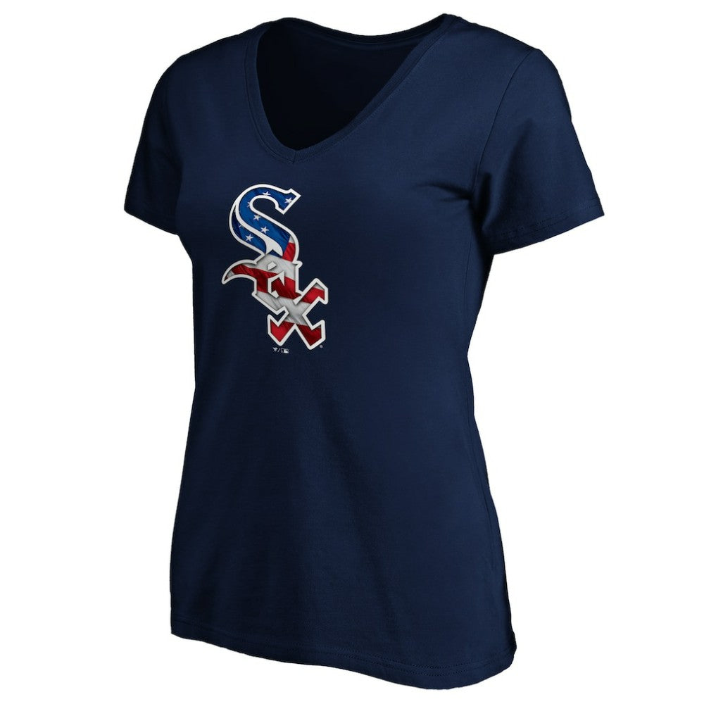 Chicago White Sox Logo Women's Banner Wave V-Neck T-Shirt - Navy