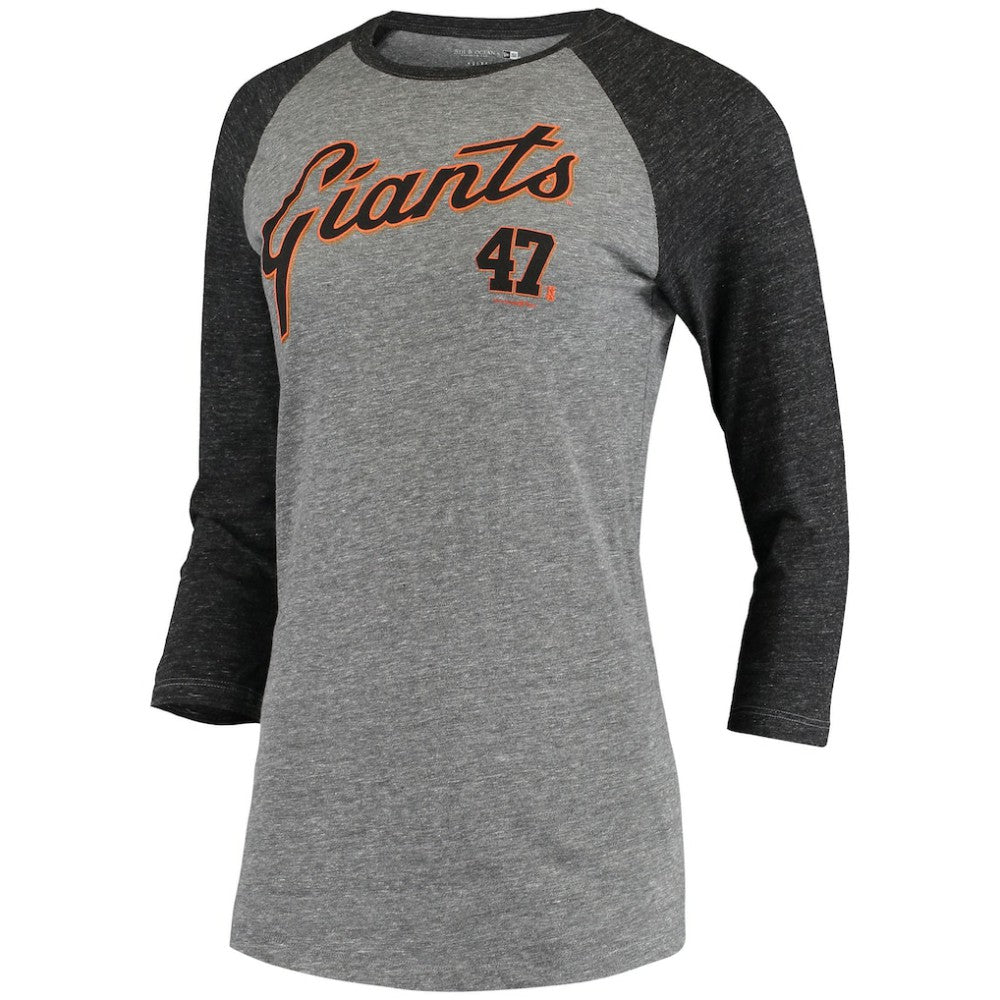 Johnny Cueto San Francisco Giants 5th & Ocean by Women's Script Name & Number Raglan Tri-Blend 3/4-Sleeve T-Shirt - Gray | New Era