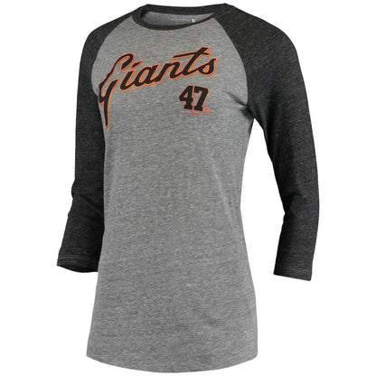 Johnny Cueto San Francisco Giants 5th & Ocean by Women's Script Name & Number Raglan Tri-Blend 3/4-Sleeve T-Shirt - Gray | New Era