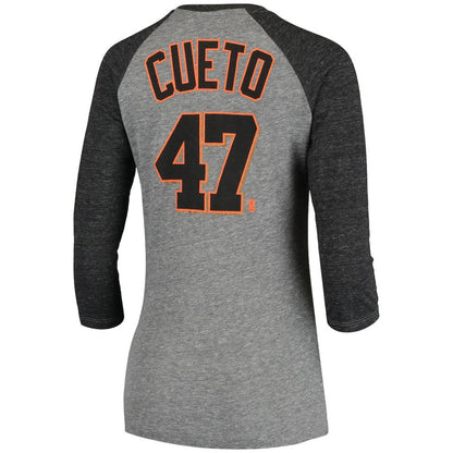 Johnny Cueto San Francisco Giants 5th & Ocean by Women's Script Name & Number Raglan Tri-Blend 3/4-Sleeve T-Shirt - Gray | New Era