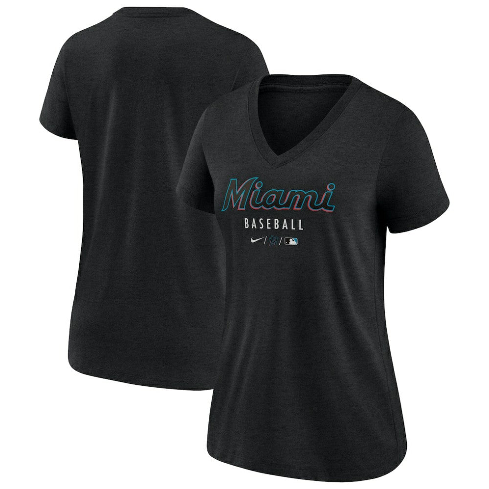Miami Marlins Women's Authentic Collection Tri-Blend V-Neck T-Shirt - Heather Black | Nike
