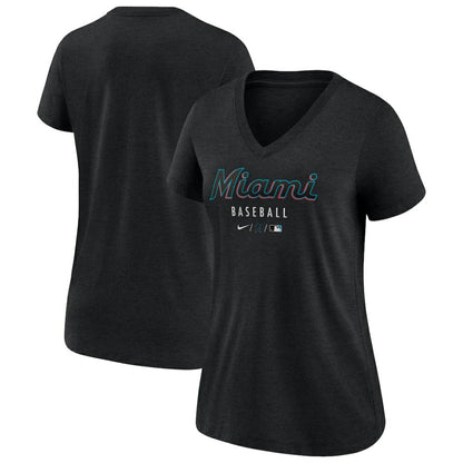 Miami Marlins Women's Authentic Collection Tri-Blend V-Neck T-Shirt - Heather Black | Nike