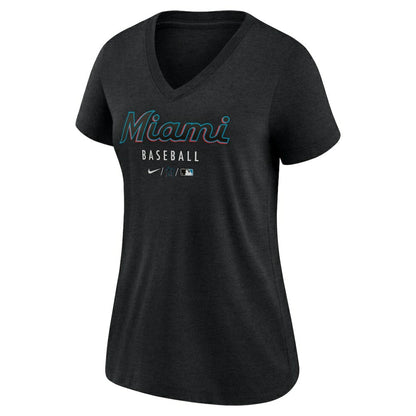 Miami Marlins Women's Authentic Collection Tri-Blend V-Neck T-Shirt - Heather Black | Nike
