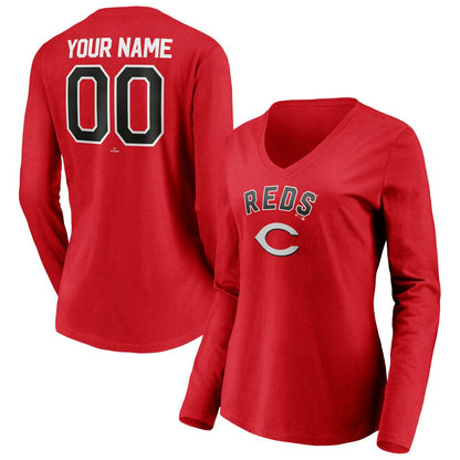 Cincinnati Reds Women's Personalized Winning Streak Name & Number Long Sleeve V-Neck T-Shirt - Red