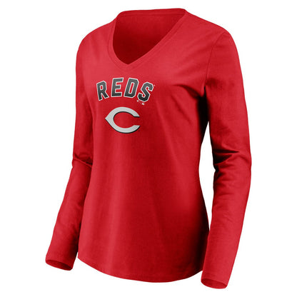 Cincinnati Reds Women's Personalized Winning Streak Name & Number Long Sleeve V-Neck T-Shirt - Red