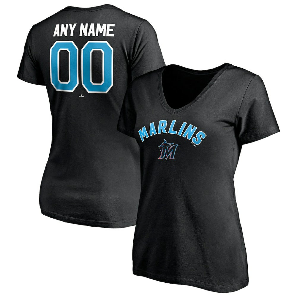 Miami Marlins Women's Personalized Winning Streak Name & Number V-Neck T-Shirt - Black