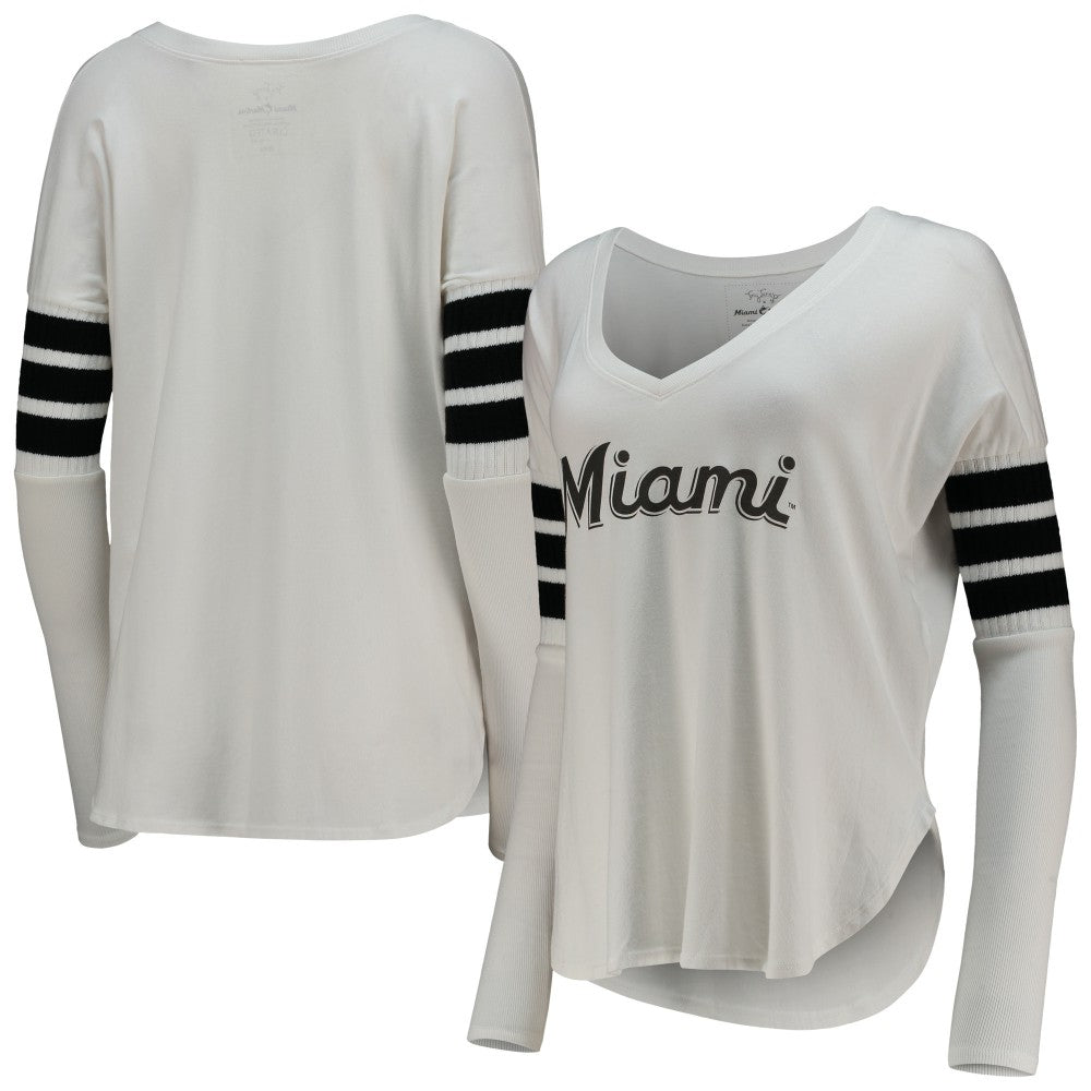 Miami Marlins Tiny Turnip Women's Jalynne Jersey Tri-Blend Long Sleeve V-Neck T-Shirt - White
